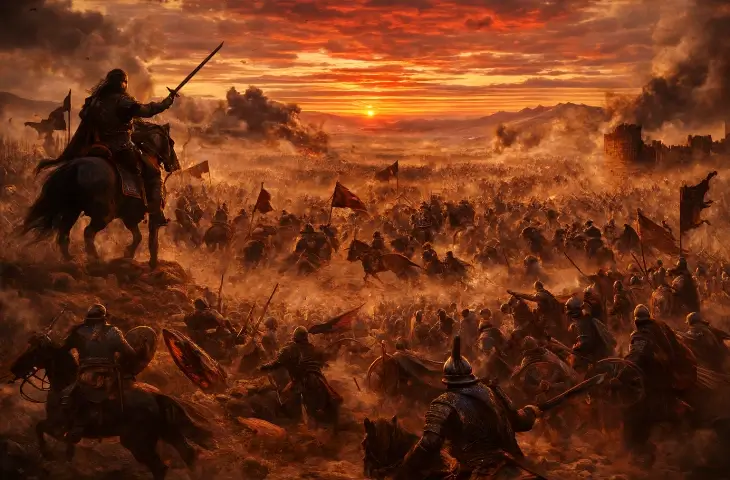 Gün batımı altında Katalaun Ovası’nda Hun ve Roma–Vizigot kuvvetlerinin birbirine çarpıştığı yoğun ve kaotik savaş sahnesi.